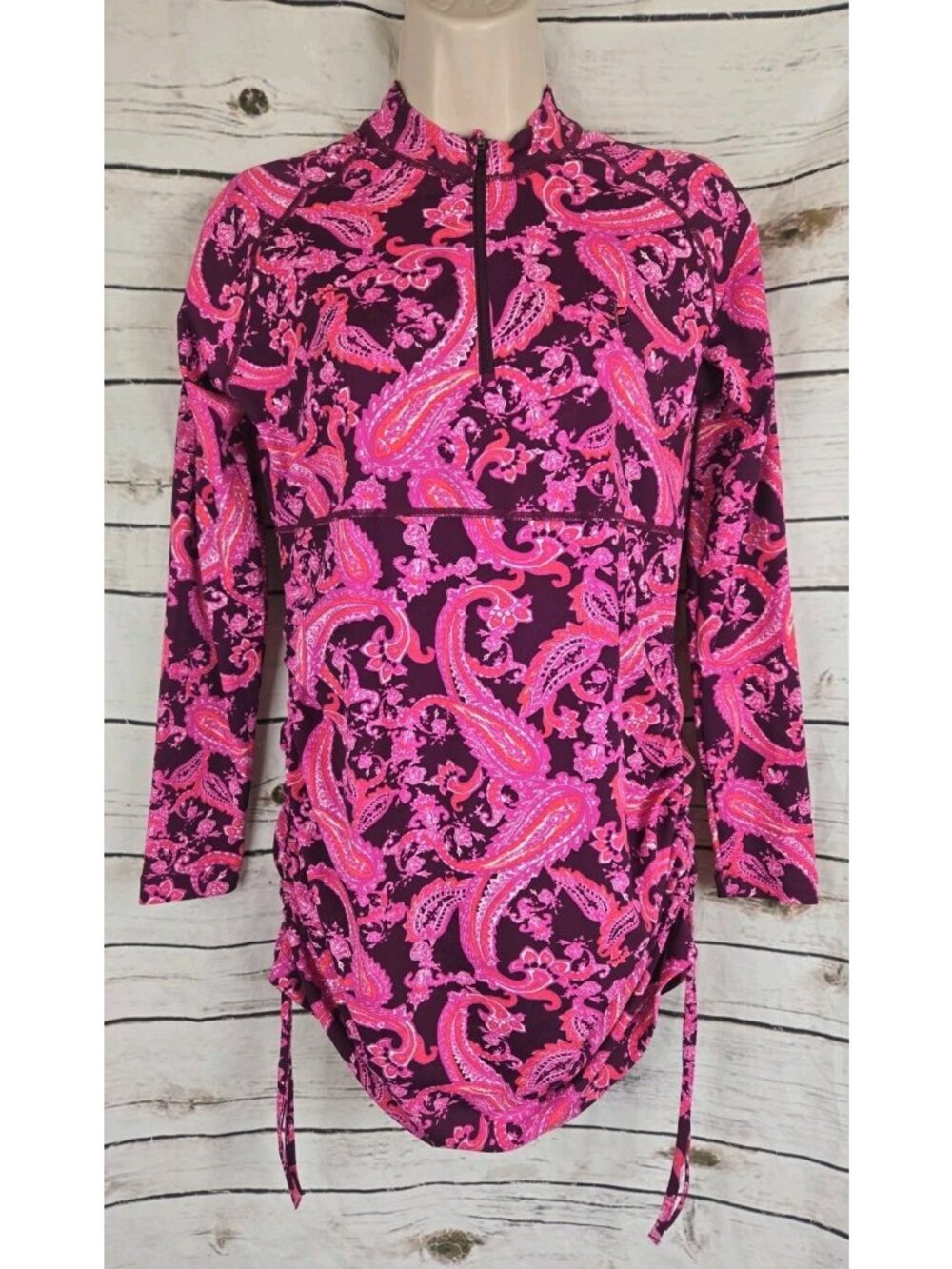 CooliBar Pink Magenta Paisley Cover Up Dress S UPF 50+ Ruched 1/4 Zip
